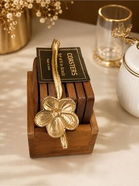Set of 6 Acacia Wood Coasters with Gold Flower Handle